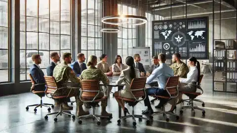 A diverse group of inter-agency professionals in a modern collaborative workspace.