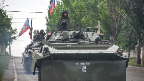 A Russia backed rebel armored fighting vehicles convoy near Donetsk Eastern Ukraine May